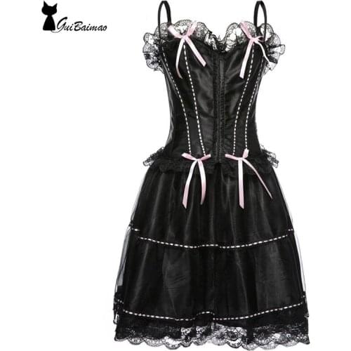 Black Lolita Style Corset Outfit Straps Bows Lace Up One Piece Lace Corset with Tutu Skirt