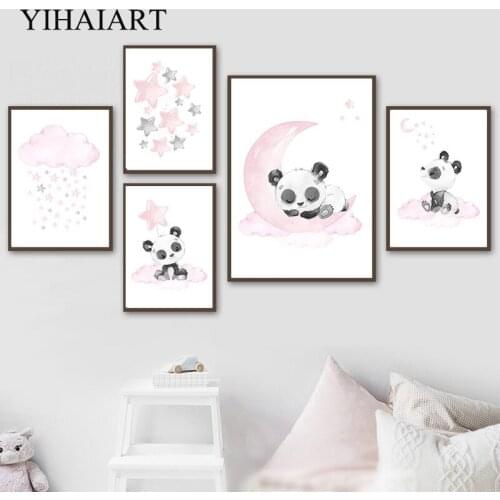 Baby Nursery Cartoon Canvas Posters Lovely Panada Wall Art Canvas Moon Starry Print Painting Kids Baby Bedroom Decoration