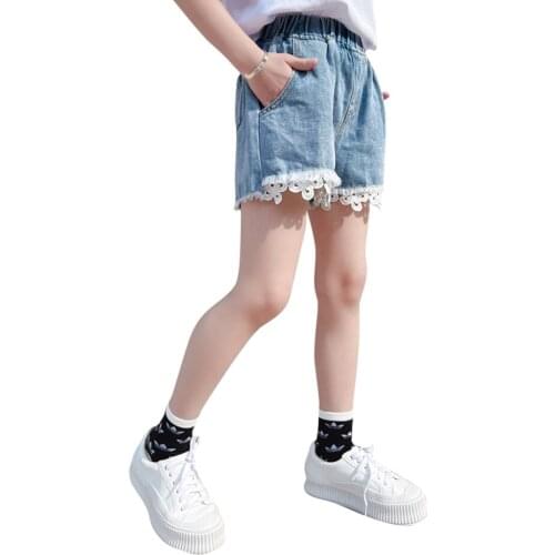 Jeans Girl Lace Floral Girl Short Jeans Kids Summer Children Jeans Casual Style Clothes For Girls 6 8 10 12 14