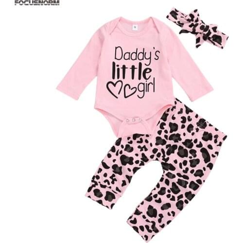FOCUSNORM 0-18M Autumn Kids Girls Boys Clothes Sets Letter Long Sleeve Romper Leopard Pants Headband 3pcs