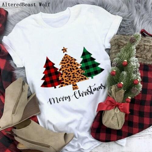 Plaid trees christmas tshirt women white fashion printed merry christmas T Shirt summer female casual vogue cute clothes tops