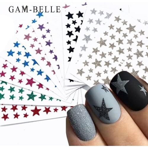 GAM-BELLE 1 Sheet 3D Nail Glitter Slider Stars Stickers Shining DIY Nail Art Decoration Accessories Gold Silver Nail Art Tips