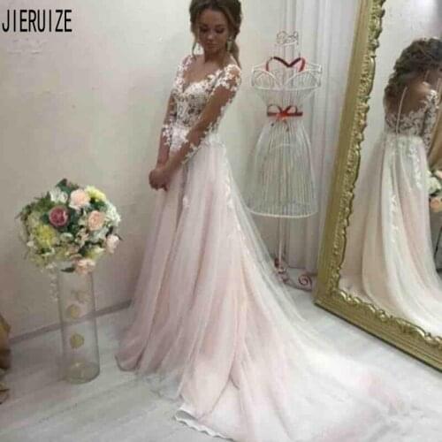JIERUIZE Blush Pink Boho Wedding Dresses Sheer Neck Long Sleeves Button Back Bridal Gowns Lace Appliques A Line Robe De Mariee