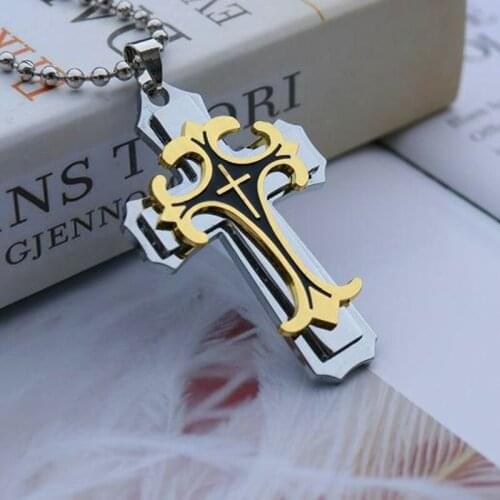 Pendant for Men Male Punk Gothic Jewelry HNSP Hip Hop Rock Stainless Steel Multi-Layer Gold Jesus Cross Necklace