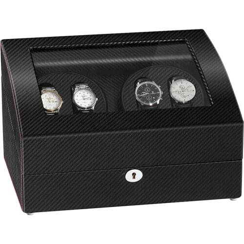Fashion 4 Automatic Wood Black Fiber Watch Winder with 6 Storage Case Modes For Mechanical Watch