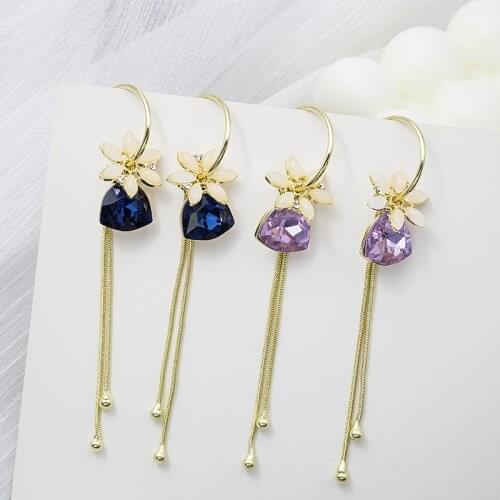 Fashion Flower Crystal Tassel C Shaped Earrings For Women Girls New Design Geometric Charms Stud Ear Jewelry Party Gifts