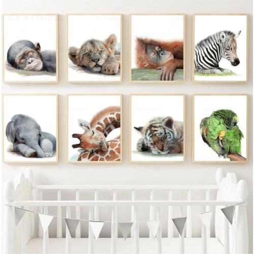 Elephant Giraffe Lion Tiger Zebra Parrot Nursery Wall Art Print Canvas Painting Nordic Poster Wall Pictures Baby Kids Room Decor