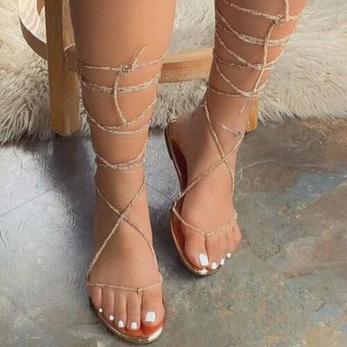 2021 Summer New Womans Flat Sandals Open Toe Bandage Fashion Sexy Outdoor Beach Shoes Solid Color Plus Size 42