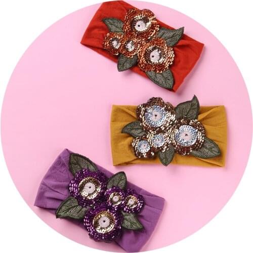 New Sequins Embroidery Flowers Nylon Wide Headbands Girls Nylon Turban Head wraps Cute Hair bands Baby Girl Hair Accessories