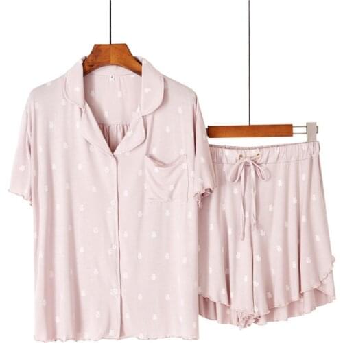 Cute Cartoon Sleepwear Pajamas For Women Lapel Modal Cotton Homewear Pijama Set New Summer Shorts Sleeve Loose Pyjama Female