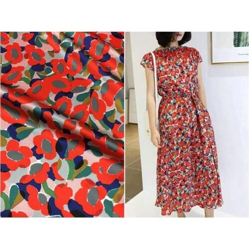 Holiday style abstract floral inkjet heavy elastic silk satin fabric high-end silk dress clothing fabric 140cm large width