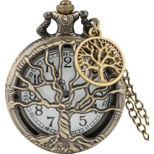 Retro Hollow Life Tree Pocket Watch Exquisite Hollowed-out Case Clock for Women Necklace Slim Chain Men Pendant Watches