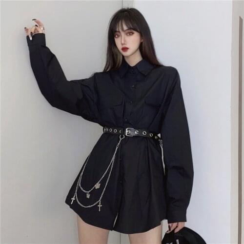 Harajuku style dark workwear shirt, black long-sleeved shirt and chain belt, 2020 autumn personality fashion streetwear