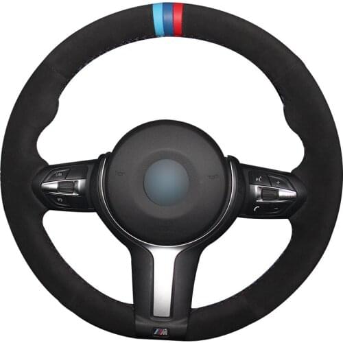 Hand sewing custom Black Suede with Light Blue Blue Red Marker Steering Wheel Cover for BMW F87 M2 F80 M3 F82 M4 M5 F12