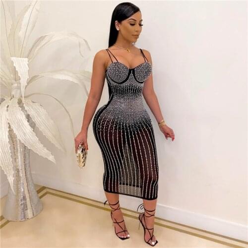 Sexy Strapless See Through Dress New Fashion Luxury Diamonds Midi Party Dresses Women Bodycon Nightclub Sleeveless Vestidos