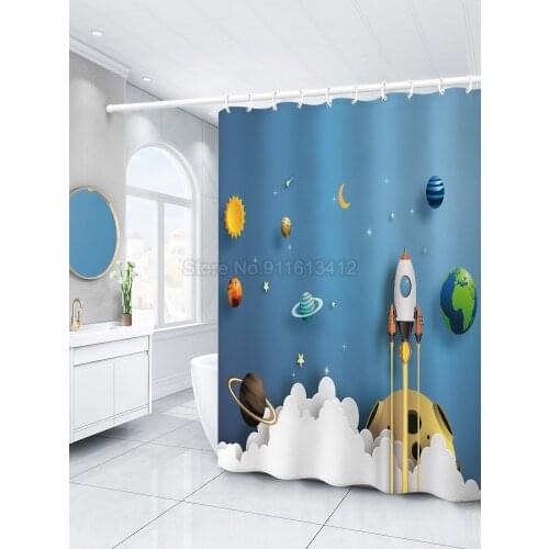 Spacecraft Rocket Bath Curtain for Bathroom Blue Earth Waterproof Shower Curtain Polyester Science Fiction Bath Drapes Kids Gift