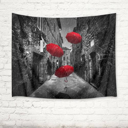 Old Town Street Rain Scene Tapestry Wall Hanging for Living Room Dorm