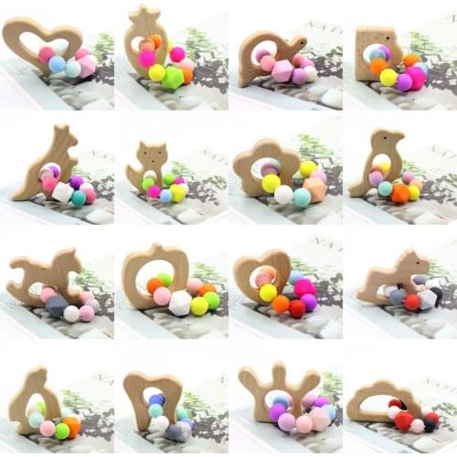 Cute Animal Shaped Wooden Beech 1Pcs Baby Silicone Bracelet Silicone Beads Safety Rubber Food Grade Silicone Teether Gift Toys