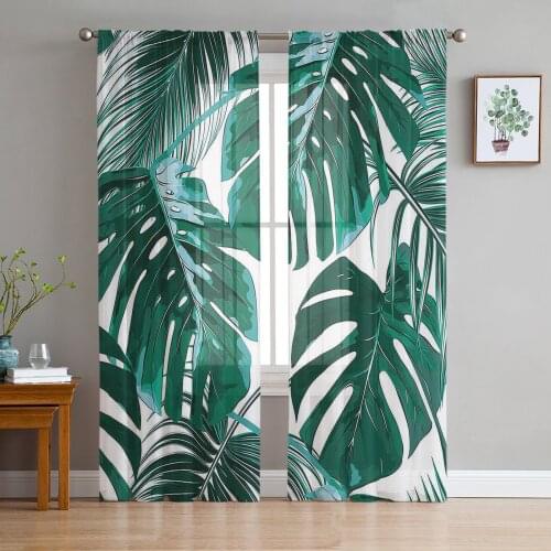 Green Tropical Jungle Plant Palm Leaves Tulle Curtains for Living Room Decoration Chiffon Sheer Voile Kitchen Bedroom Curtain