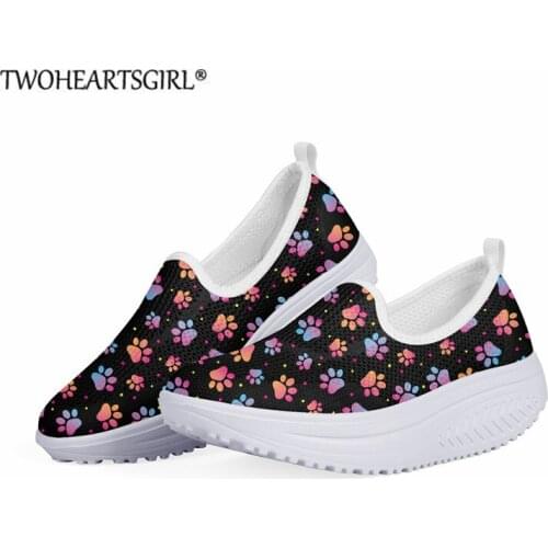 Women Mesh Shoes Colorful Dog Paw Pattern Swing Slimming Shoes for Female Ladies Platform Wedge Tennis Shoes Slip-on Zapatos