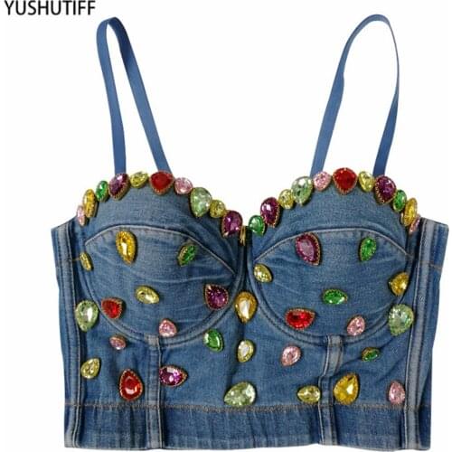 Nightclub Stage Performance Bralette Corset Tops Women Summer Colorful Gemstone Denim Crop Top With Bar Sexy Top Ropa De Mujer