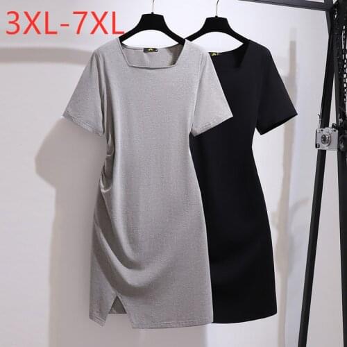 New 2021 Ladies Summer Plus Size T-shirt Dress For Women Large Short Sleeve Cotton Gray Split Midi Dress 3XL 4XL 5XL 6XL 7XL
