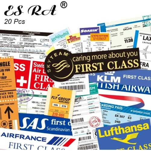 20 Pcs First Class Boarding Pass Pegatinas Airline Logo Decal Waterproof PVC Skateboard Luggage Laptop Journal Stickers for Kids