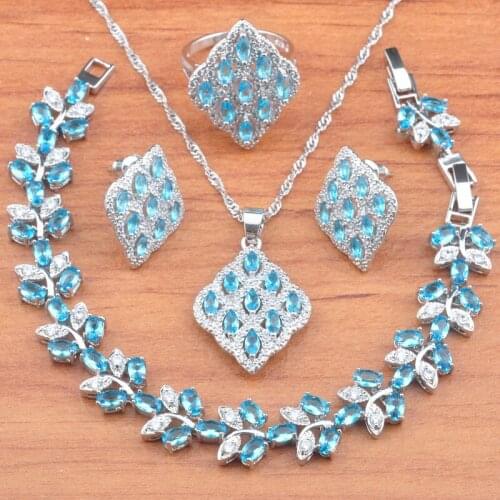 2020 New Silver Color Jewelry Sets For Women Birthday Gift Sky Blue Crystal Earrings Ring Pendant Bracelet set JS0735