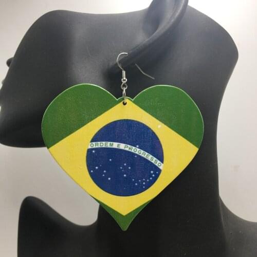 Free Shipping! Printing Brazil Flag Heart Wooden Earrings