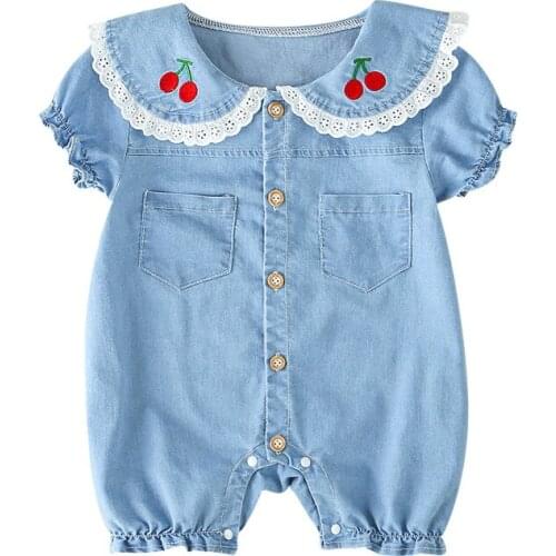 Baby Girls Clothes Newborn Summer Romper Infant Embroidery Cotton Shorts Sleeve Denim Jumpsuit 0-12 Month