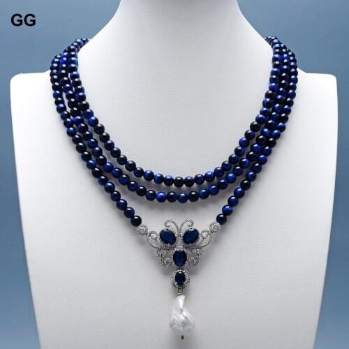 GuaiGuai Jewelry 3 Strands Blue Round Tiger Eye Choker Necklace CZ Pave Baroque Pearl Pendant Necklace 17" For Women