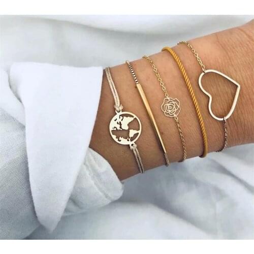 HOCOLE 5 Pcs/Set Fashion Punk Gold Chain Map Heart Flower Bracelet Set For Women Bohemian Charm Rope Chain Bracelets Jewelry