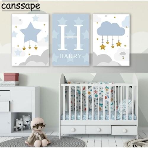 Nursery Canvas Painting Custom Name Poster Star Cloud Paintings Hot Air Ballon Art Print Nordic Wall Pictures Baby Bedroom Decor