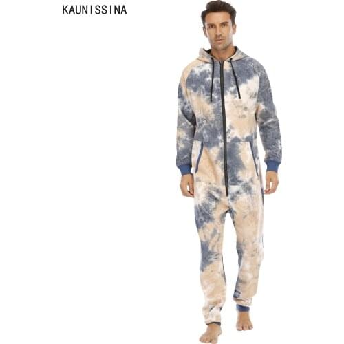 Men Winter Onesie Tie-dye Sleepwear One Piece Pajamas Nightwear Male Zipper Hooded Onesies For Adult Sleep Loungewear Clothes