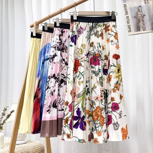 Autumn Printed Long Pleated Skirts Floral Dotted Rainbow A-line Calf Long Skirts