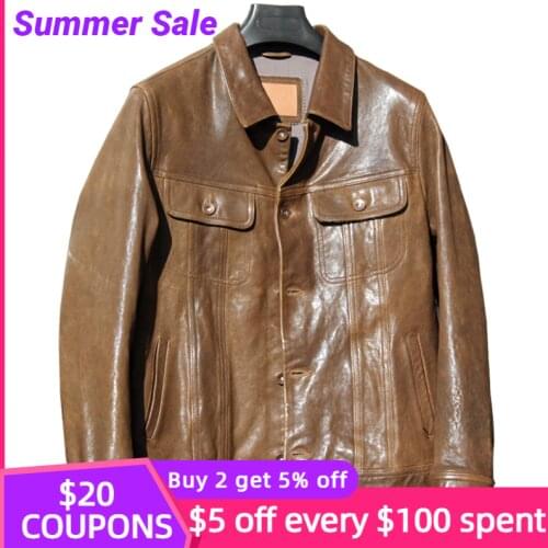 2021 Brown Casual Style Genuine Leather Jacket Men Single Breasted Plus Size 4XL Real Natural Sheepskin Slim Fit Autumn Coat