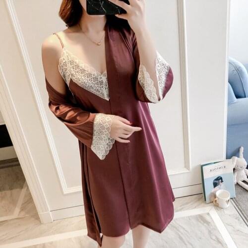 Summer NEW Rayon Nightgown Sleepwear Lace Nightie&Robe Set Satin Faux Silk Female Home Dress Negligee kimono Bathrobe Sleep Suit