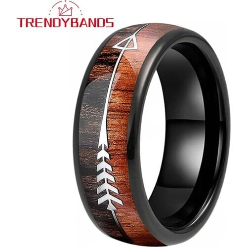 8MM Black Wedding Bands Tungsten Carbide Rings For Men Women Koa Wood Arrow Inlay Domed Polished Shiny Comfort Fit