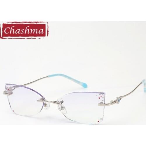 Luxurious Glasses Women Rhinestone Colored Lenses Cat Eye Fashion Eyeglasses Buttlefly Shape Rimless Glasses for Female