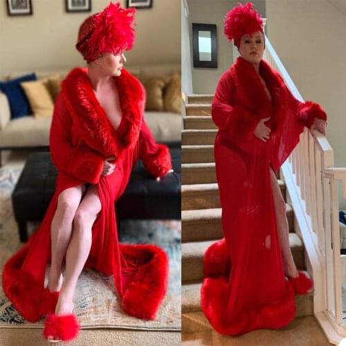 Sexy Fashion Maternity Bathrobe With Fur V Neck Long Sleeve Pajamas Elegant For Photo Prom Party Wedding Nightgowns