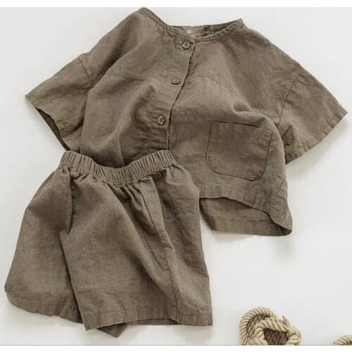 2021 New Girls 2 Pcs Set Shirt+Shorts Cotton Linen Summer Fashion Kids Suits 1-7 years CO72