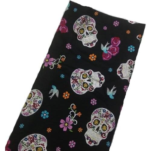 Vintage Glitter Silver Stamping Flower Skull Printed Cotton Fabric 50x105cm Flower Skull Fabric Patchwork Cloth Dress Home Decor