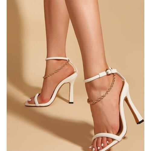 2021 Womens Metal Chain Sandals Fashion High Heels Ladies Square Toe Shoes Sexy Women Buckle Shoe Female Footwear Summer New