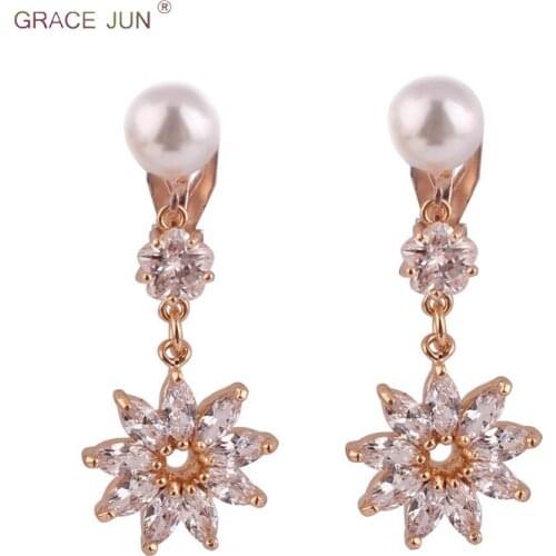 New Arrival Flower Leaf Shape AAA CZ Clip on Earrings for Women Fashion Bridal Wedding Simulated Pearl Without Pierced Earrings