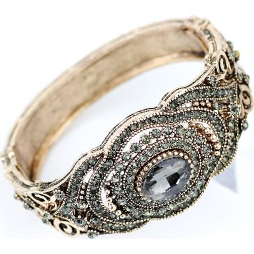 SUNSPICE MS Turkish Gray Crystal Bangles For Women Antique Gold Color Flower Cuff Bracelet Bohemia Ethnic Charm Wrist Jewelry