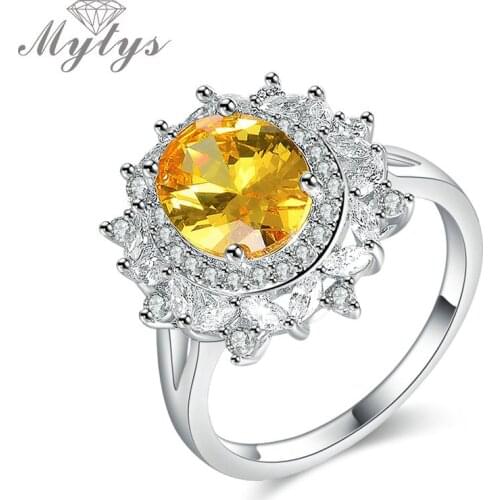 Mytys Gorgeous Prong Setting Yellow Cubic Zircon Wedding Ring for Women Engagement Female Rings Fashionable Jewelry R1901