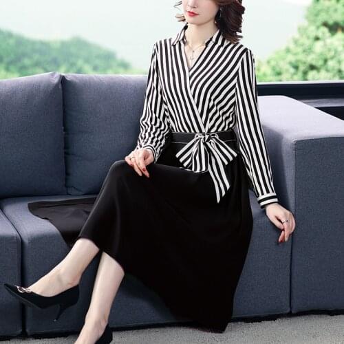 Office Lady Striped Patchwork Black Midi Dress 2021 Spring Vintage 3XL Plus Size Long Sleeve Dress Elegant Bodycon Party Vestido