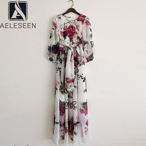 AELESEEN Spring Summer Chiffon Dress 2021 Runway Fashion Bow Flower Letters Print Elegant Ladies Maxi Long Beach Dress