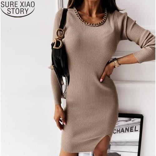 Fashion Autumn and Winter Simple High Waist Round Collar Chain Decoration Above Knee Dress Knitted Bottoming Dresses 12591