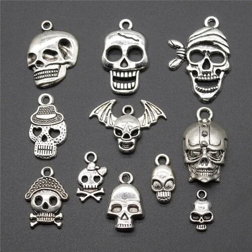 15pcs Skull Charm Vintage Antique Silver Color Skull Pendant Charms For Jewelry Skull Charm Making Jewelry